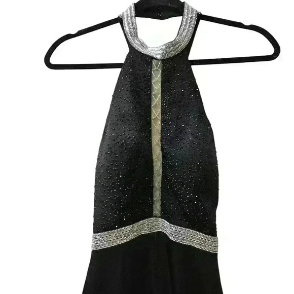 Rhinestone Halter Neck Open Back Mesh Center Gown with Train Size 2 - Picture 3 of 7